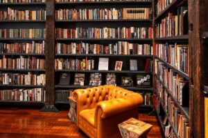 book shelves and cozy chair
